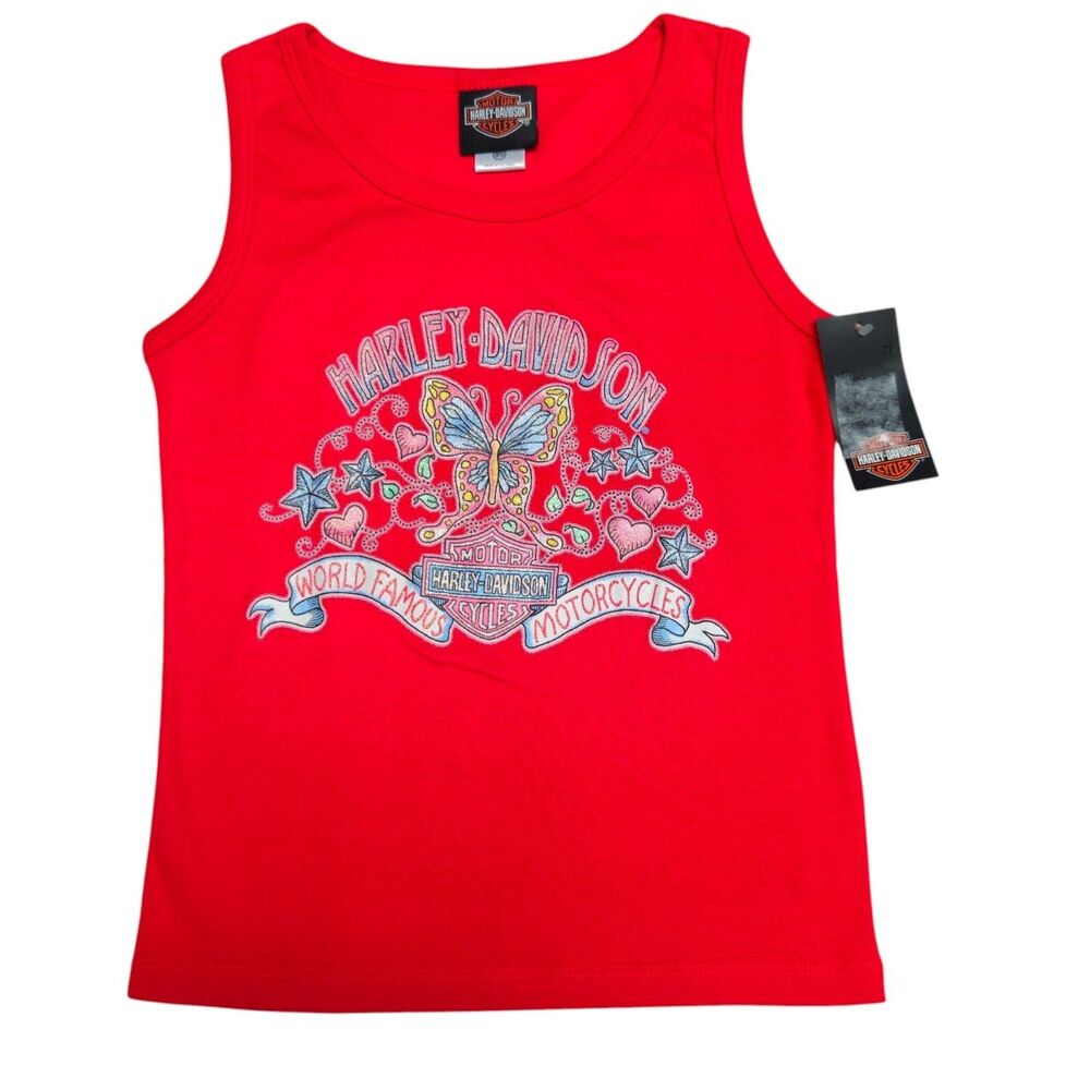 Vintage Harley Davidson Tank Top Girls Size 8/10 Red Butterfly 100% Cotton NWT